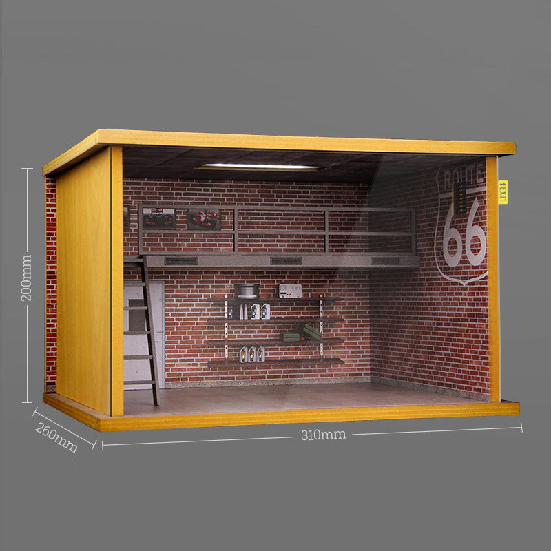 1:24 Wooden assembled double-story garage scene with lights Red Brick Wall Scene